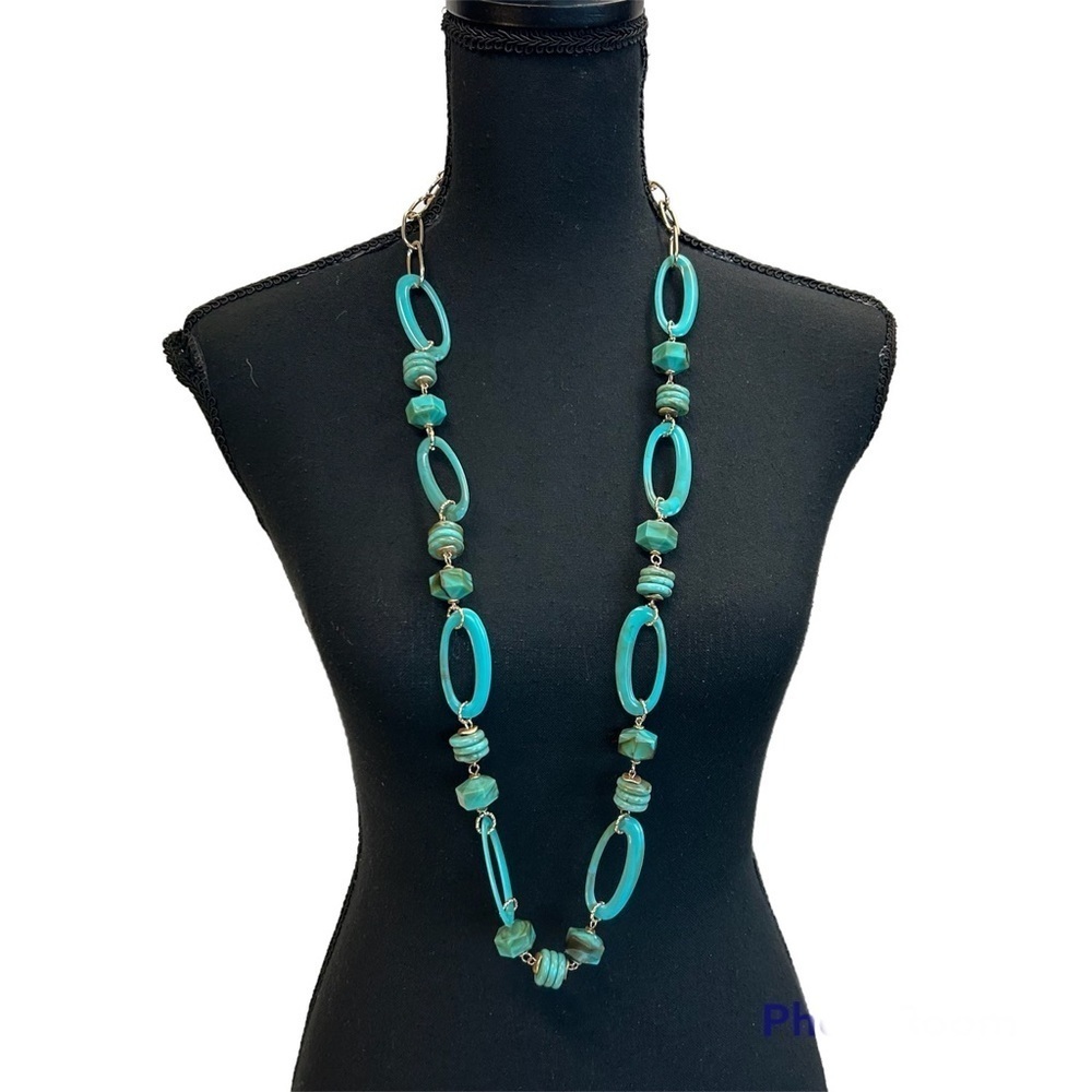 Bohemian Marble turquoise circular oval chain-link long necklace